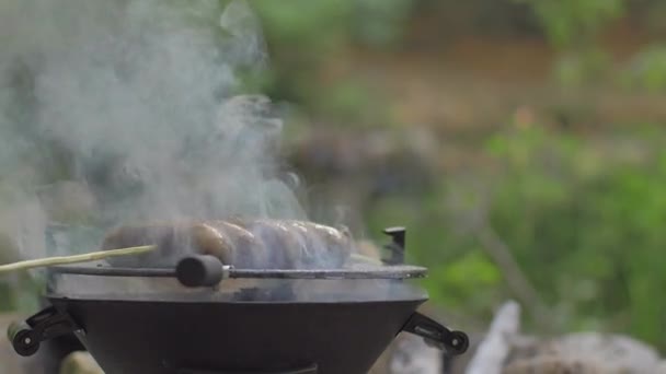 Grillowane kiełbasy w przyrodzie kulinarne — Wideo stockowe