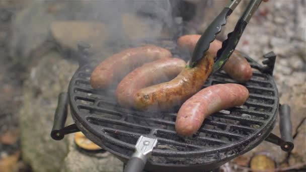 Salsichas grelhadas na natureza vista superior — Vídeo de Stock