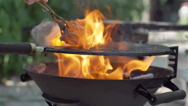 Barbecue in close-up vuur, Grill — Stockvideo