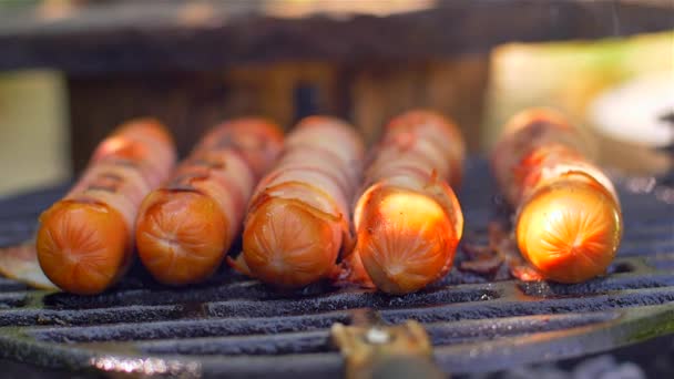 Salsicha grelhada com bacon. Enchidos com bacon frito na grelha — Vídeo de Stock