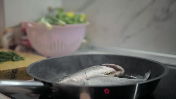 Presentation av färsk havsbraxen på grill pan redo att laga mat — Stockvideo