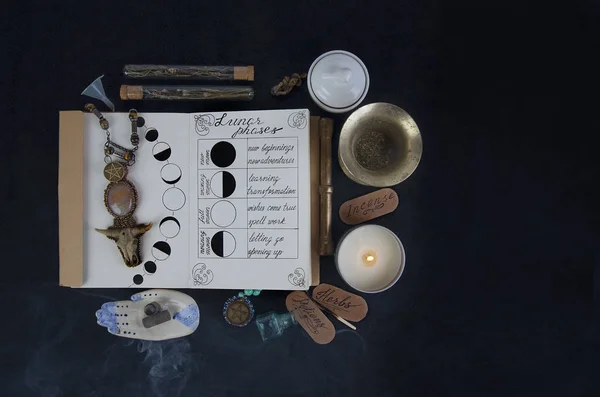 Book of Shadows with lunar phases on black altar.