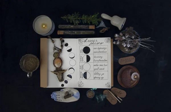 Book of Shadows with lunar phases on black altar.