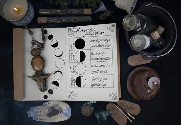 Boka av skuggor med månens faser på svart altare. Stockfoto