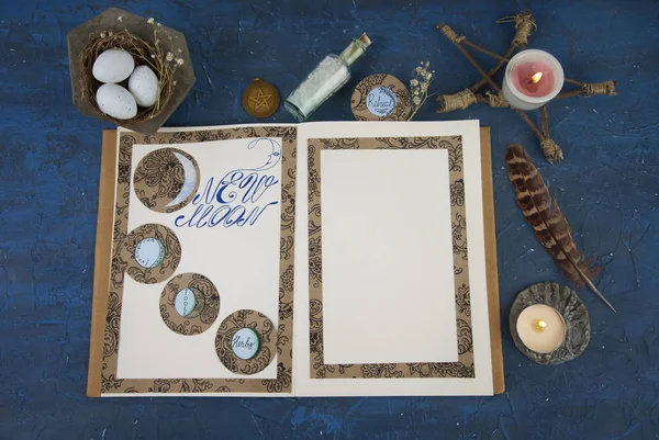 Book of shadows opened on a page with New Moon ritual