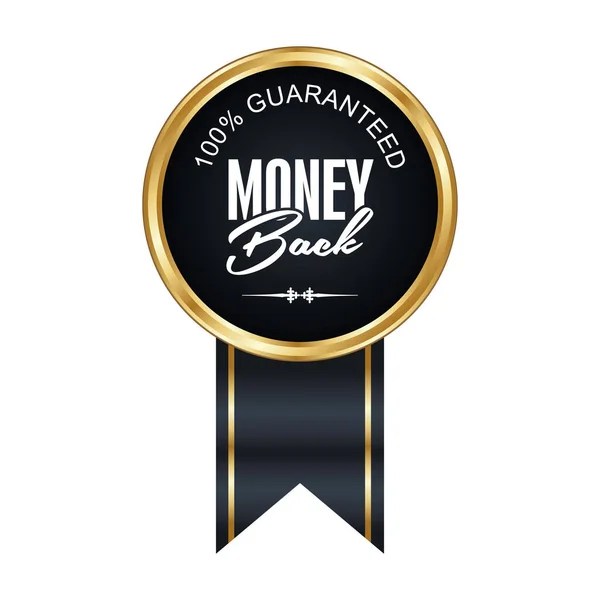 Round black and gold badge with ribbon displaying 100 percent money back guarantee, used for promotions, marketing, and trust symbols
