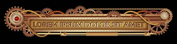 Pirinç dişliler, püskürtme uçlarını ve perçin üzerinde siyah bir backgrounde süslenmiş mekanik muhteşem Steampunk afiş.