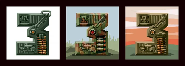 Sayılar 3 askeri alfabe yazı ayarlayın. Makineli tüfek kemerleri ve mekanizmaları ağır zırh arka plan üzerinde eski piksel Oyunlar, renkler ve kaba şekiller, sınırlı sayıda vektör taklit süslenmiş.