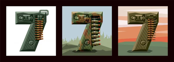 Sayılar 7 askeri alfabe yazı ayarlayın. Makineli tüfek kemerleri ve mekanizmaları ağır zırh arka plan üzerinde eski piksel Oyunlar, renkler ve kaba şekiller, sınırlı sayıda vektör taklit süslenmiş.