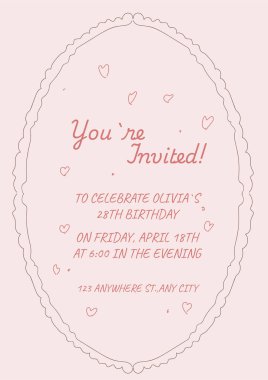 Klasik Doğum günü Davet Şablonu Oval Garip El Çizimi Doodle Zarif Çizgi Sanat Çerçevesi