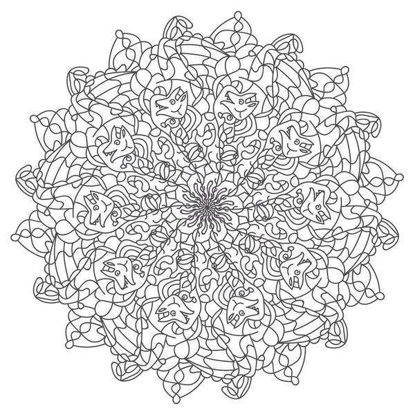 Ronde mandala 's. Met een foto van een hond. Zwart op een witte achtergrond. Geïsoleerde vectorafbeelding. — Stockvector