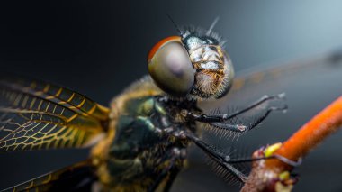 Extreme close-up of a dragonfly perching on a branch, showcasing the intricate network of veins in its delicate wings, creating a mesmerizing display of nature's artistry