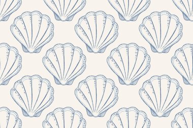 Kusursuz desenli, krem arka planda mavi deniz kabuğunun ana hatları. Renkli kalemle basit detaylarla çizilmiş el çizimleri. Kumaş ya da duvar kâğıdı için harika. Denizcilik baskı tasarımı için mükemmel.