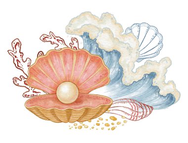 İnci ve mavi dalgalı suluboya tasarımlı deniz kabuğu. Kum ve kırmızı mercanlı el çizimi sanat eseri. Renkli kalem şeklinde. Yaz seyahati kartları ya da tatil baskısı için harika. Kıyı sanatı için mükemmel..
