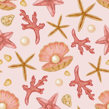 Pembe arka planda kırmızı mercan ve kumlu deniz yıldızlarıyla kusursuz deniz deseni. El yapımı suluboya ve deniz kabuklu renkli kalem sanatı. Kumaş ya da duvar kâğıdı için harika. Denizcilik baskı tasarımı için mükemmel.