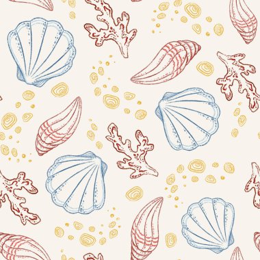 Krem zemin üzerinde kırmızı mercan ve mavi deniz kabuğu olan çizgilersiz deniz deseni. Renkli kalemle çizilmiş el çizimi sanat dokusu. Kumaş ya da duvar kâğıdı için harika. Denizcilik baskı tasarımı için mükemmel.
