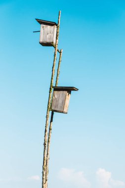 Küçük iç içe geçmiş kutular ahşap sopa bir yerden yüksek. Arka plan, güzel renkler üzerinde mavi gökyüzü.