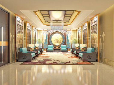 3D render lüks ve modern otel lobi girişi