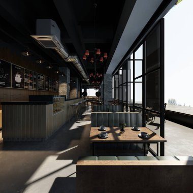 3D render restoran bar iç görünüm