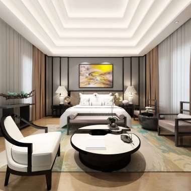 3 boyutlu modern otel odası, yatak odası.
