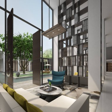 Modern oturma odasının 3D görüntüsü