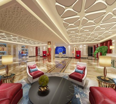 lüks modern otel resepsiyon lobisinin 3D render