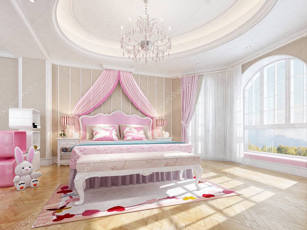 3d render of girl bedroom, hotel room.
