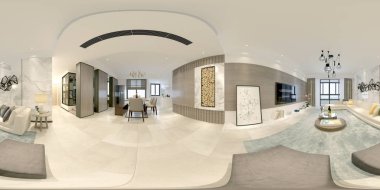 360 derece Modern oturma odası, ev iç görünüm. 3D render.