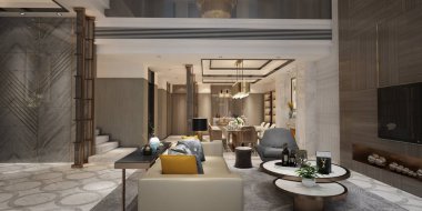 Modern oturma ve yemek odasının 3D görüntüsü