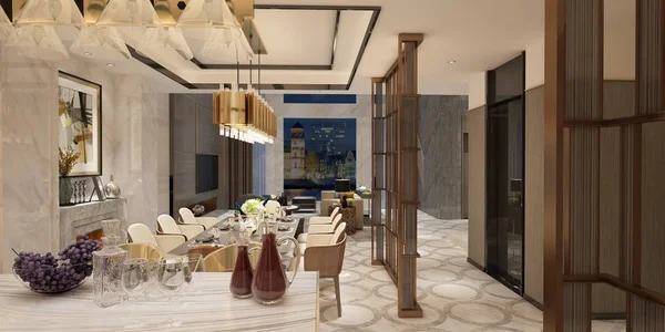 现代客厅和餐厅的3D渲染 — 图库照片