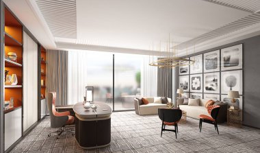 Modern ofis içinin 3D görüntüsü