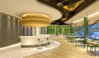 3D render lüks otel lobi resepsiyonu