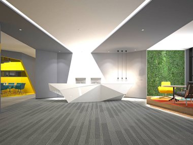 3D render lüks otel lobi resepsiyonu