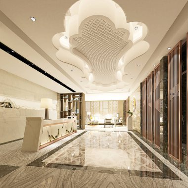 3D render lüks otel lobi resepsiyonu