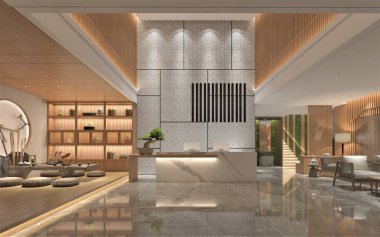 3D render lüks otel lobi resepsiyonu