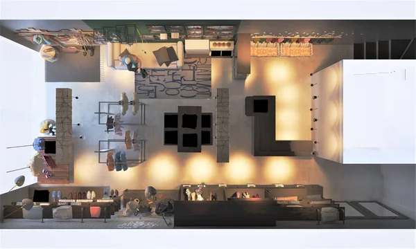 现代客厅3D渲染 — 图库照片