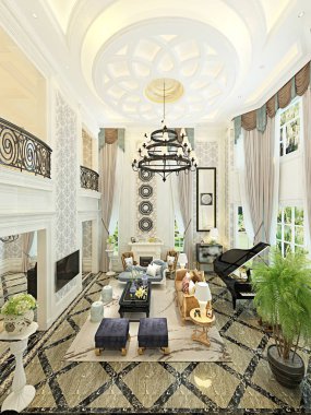 3D render evin oturma odası, iç görünüm.