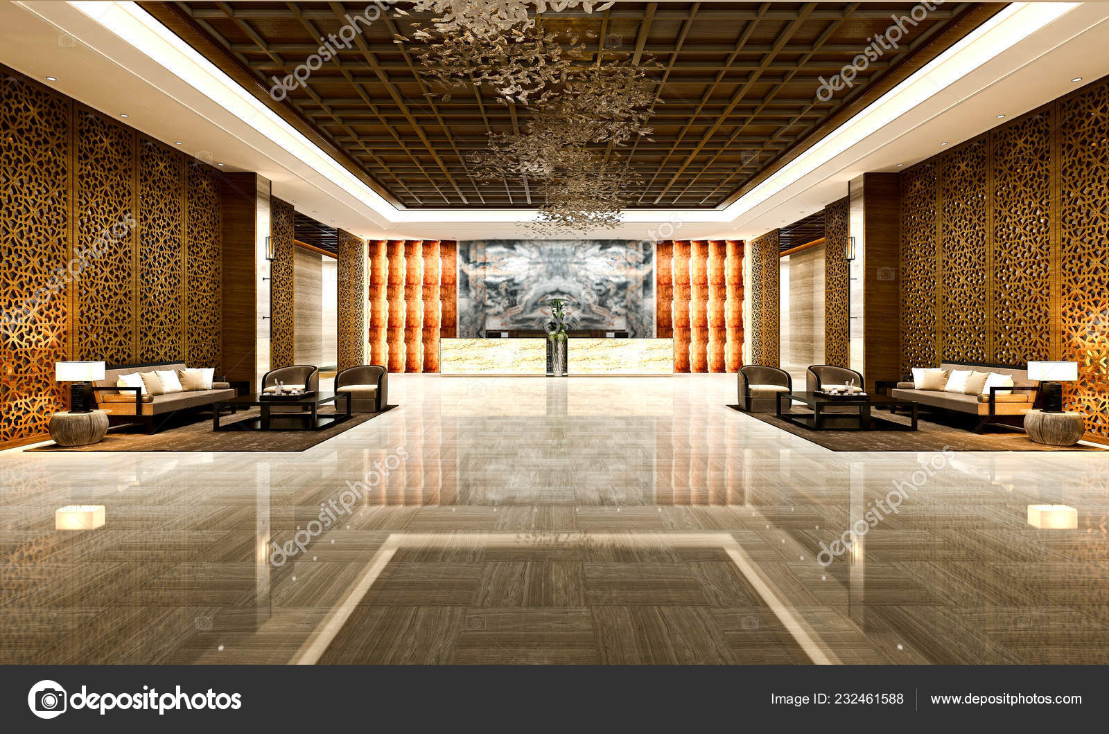 Render Chinese Style Hotel Reception Lobby Stock Photo
