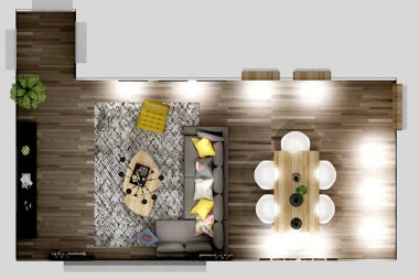 3D render üstten görünüm ev planı
