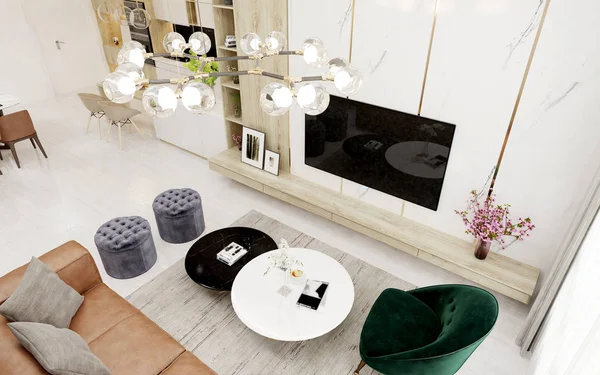 現代の家庭のリビングルームの3Dレンダリング — ストック写真