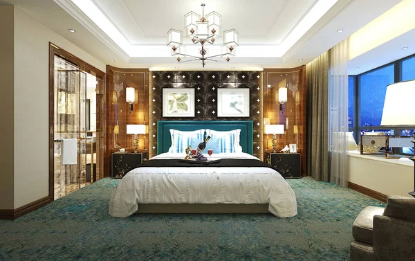 高級ホテルのベッドルームの3Dレンダリング — ストック写真