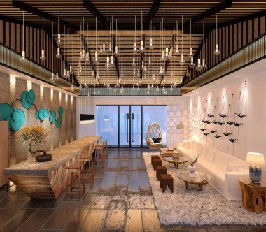 3D lüks otel lobisi resepsiyonu