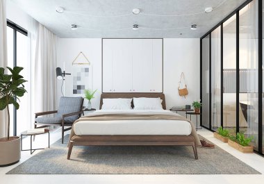 Modern yatak odasının 3D görüntüsü