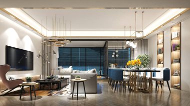 oturma ve yemek alanı ev iç 3D render