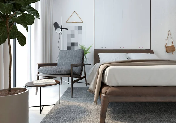 Modern yatak odasının 3D görüntüsü