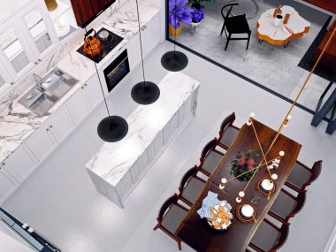 Lüks ev mutfak görünümünün üst 3D render