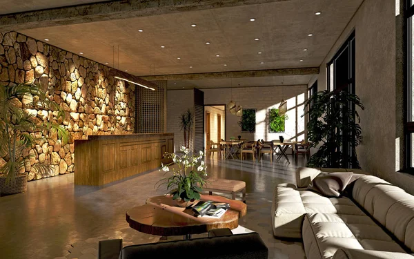 3D render otel resepsiyonu