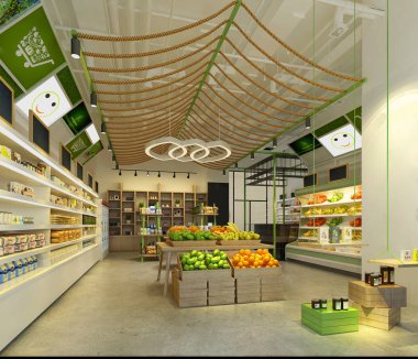 3D render süpermarket iç