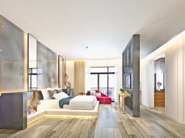 3D render lüks otel yatak odası