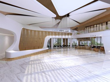 3D render modern otel giriş resepsiyonu